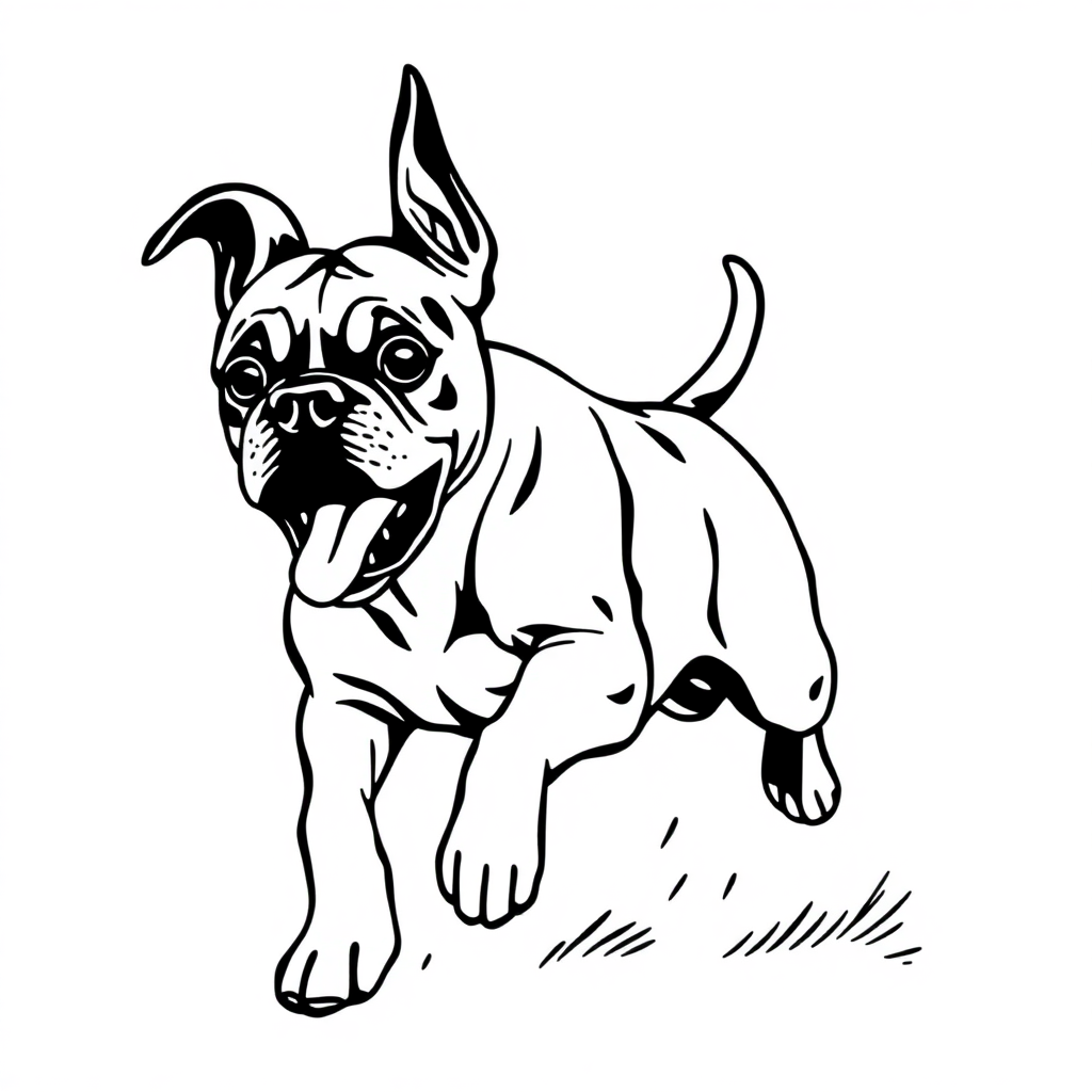 Boxer dog — playing and running, energetic and joyful coloring page Woodcut style - free printable