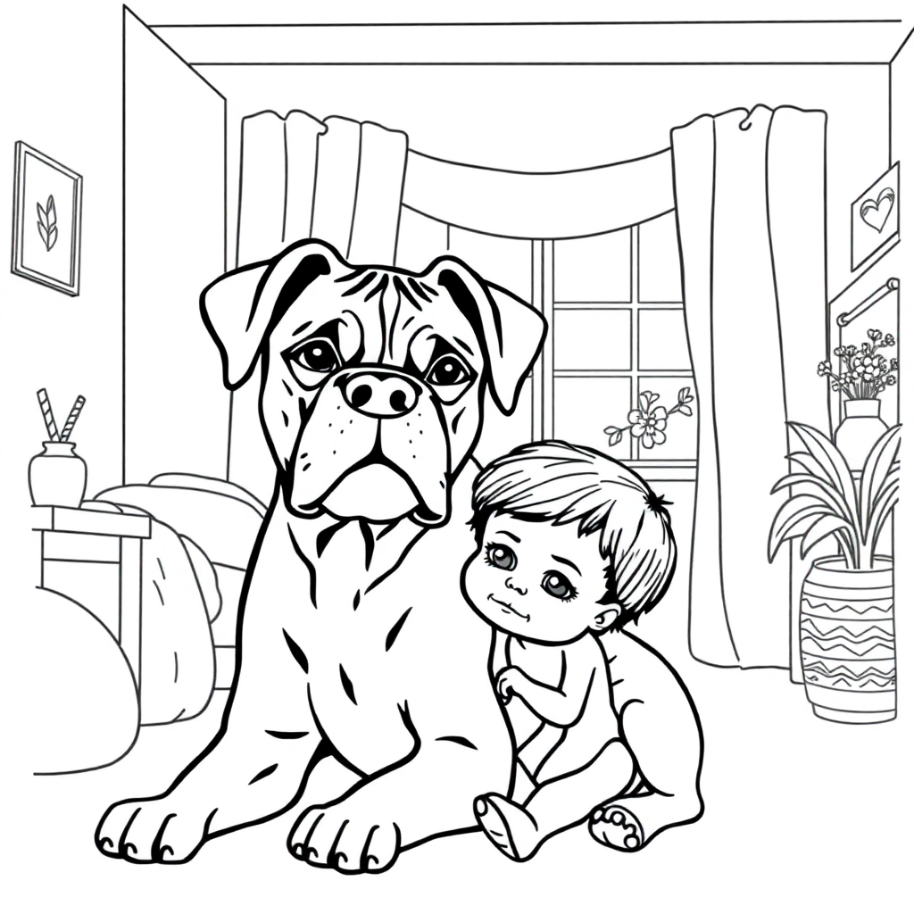 Boxer dog — with a young child in a cozy home setting coloring page Contour style - free printable