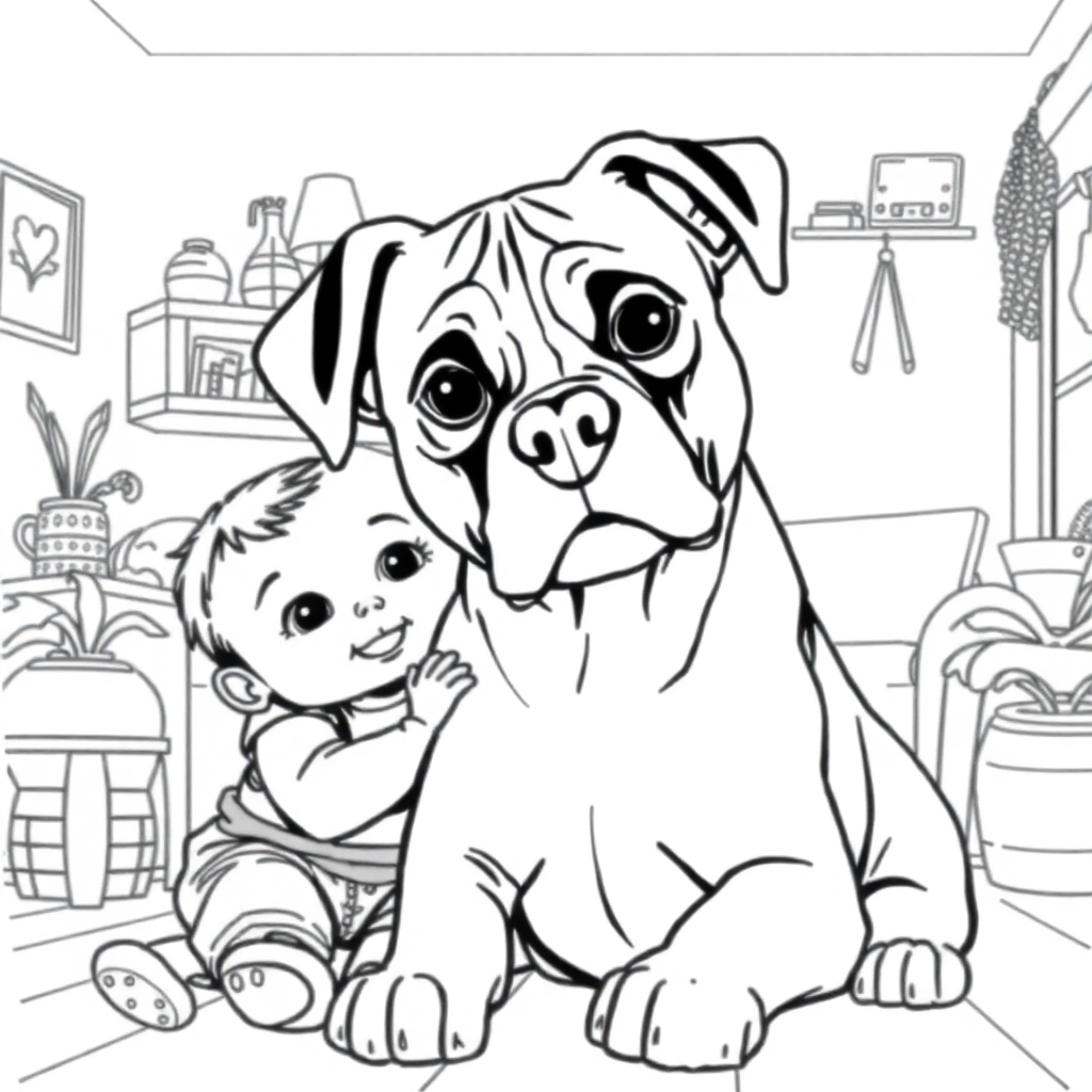 Boxer dog — with a young child in a cozy home setting coloring page Manga style - free printable