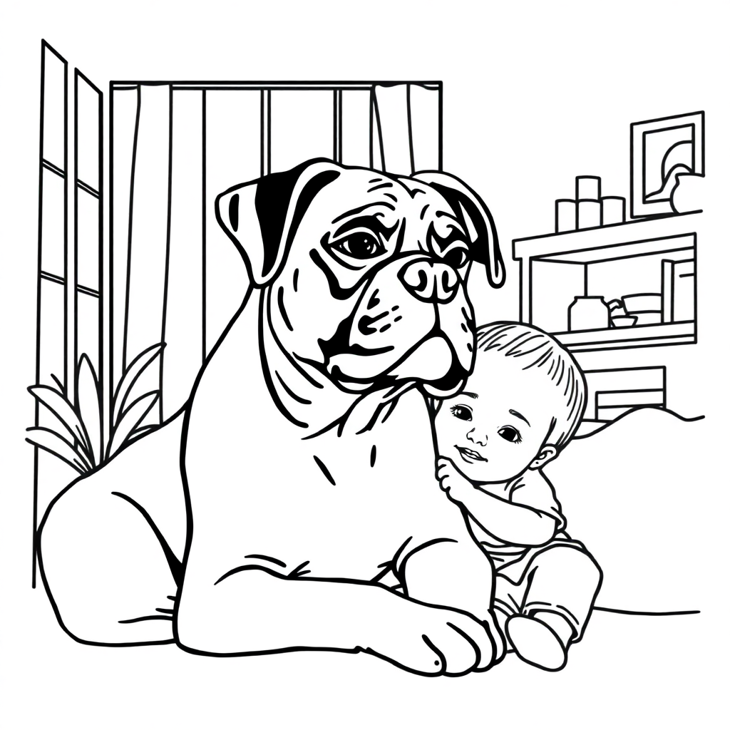 Boxer dog — with a young child in a cozy home setting coloring page Minimal style - free printable