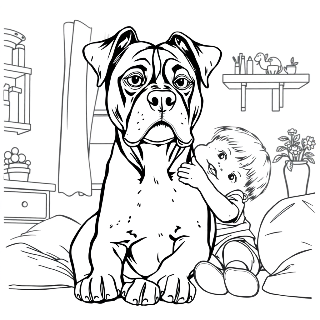 Boxer dog — with a young child in a cozy home setting coloring page Rockwell style free printable