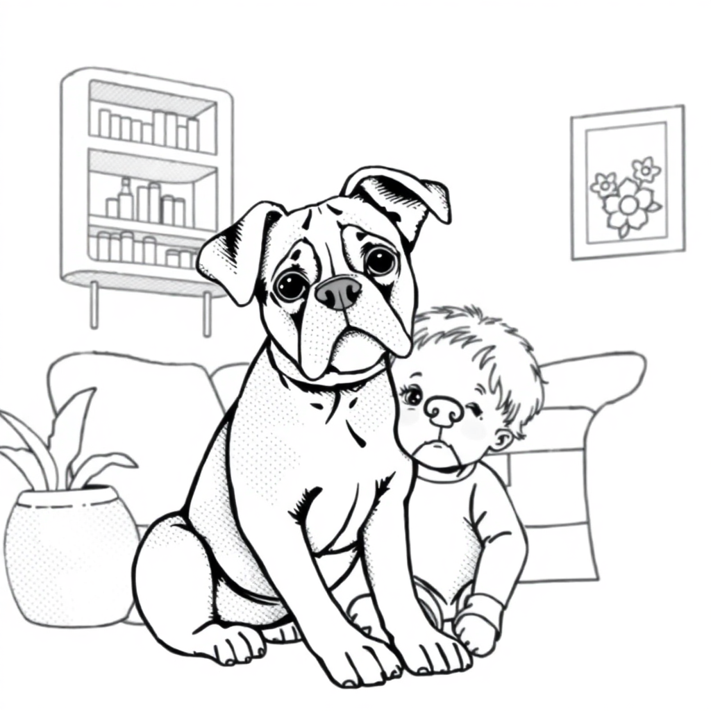 Boxer dog — with a young child in a cozy home setting coloring page Stipple style - free printable