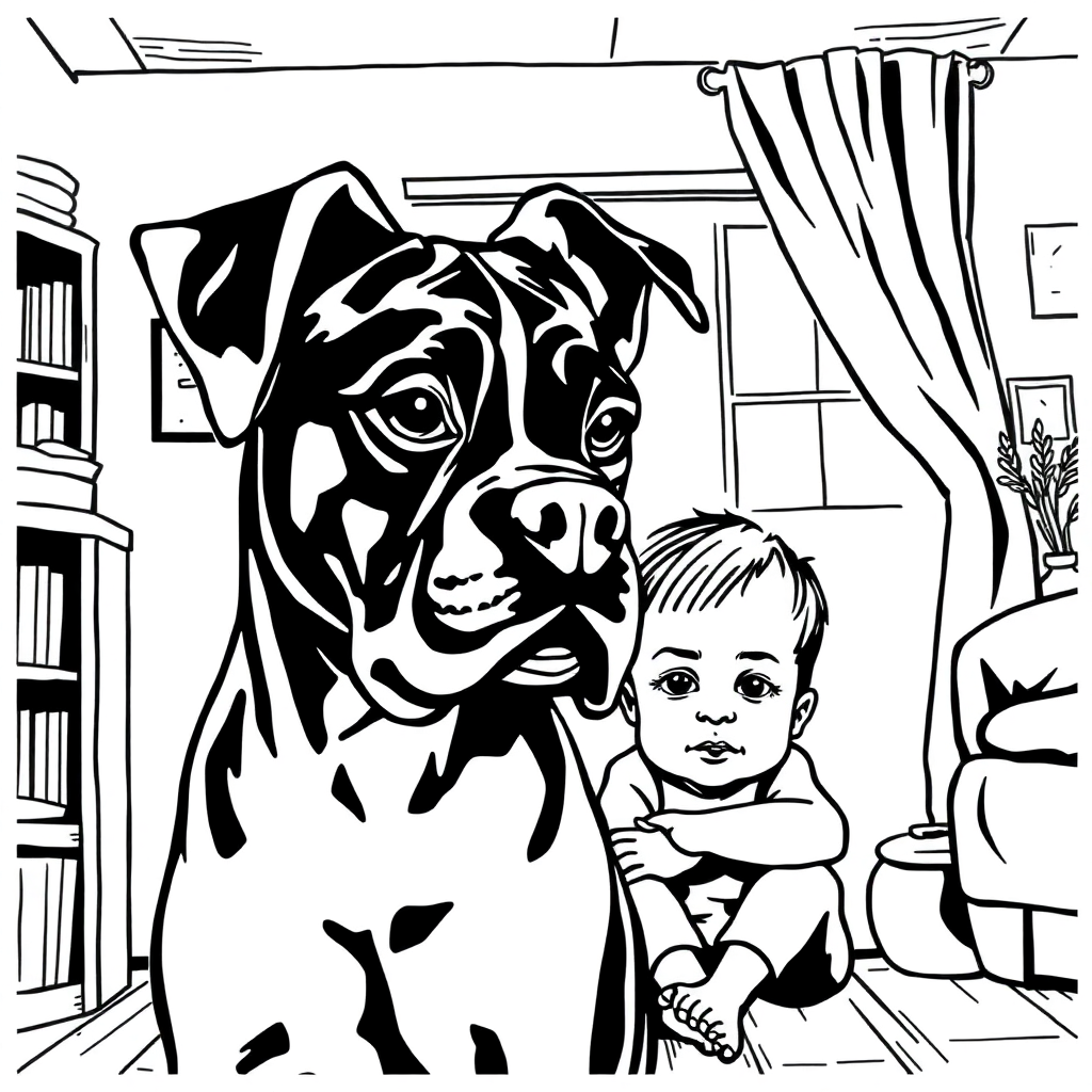 Boxer dog — with a young child in a cozy home setting coloring page Woodcut style - free printable