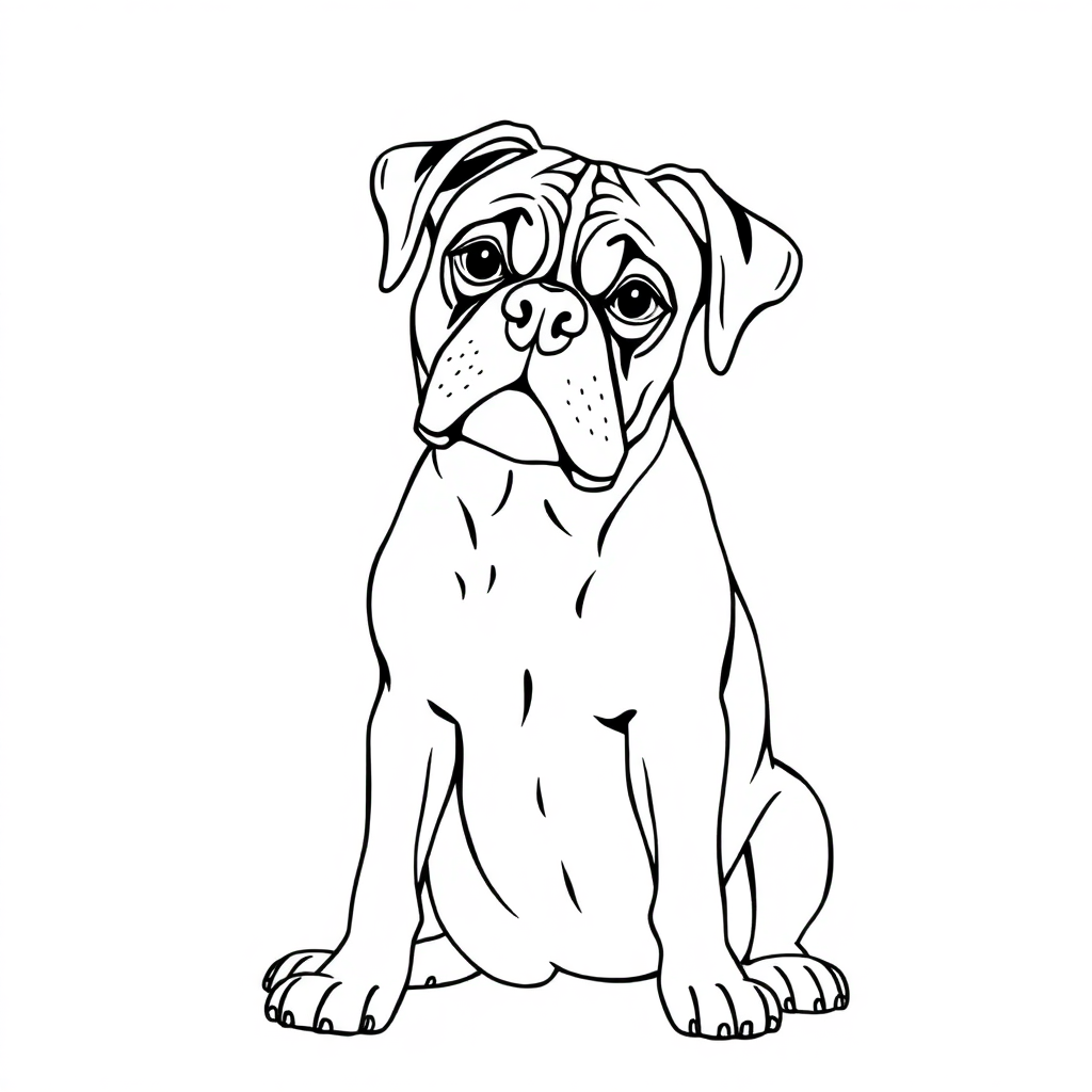 Boxer dog — sitting portrait, looking at viewer, friendly expression coloring page Contour style free printable