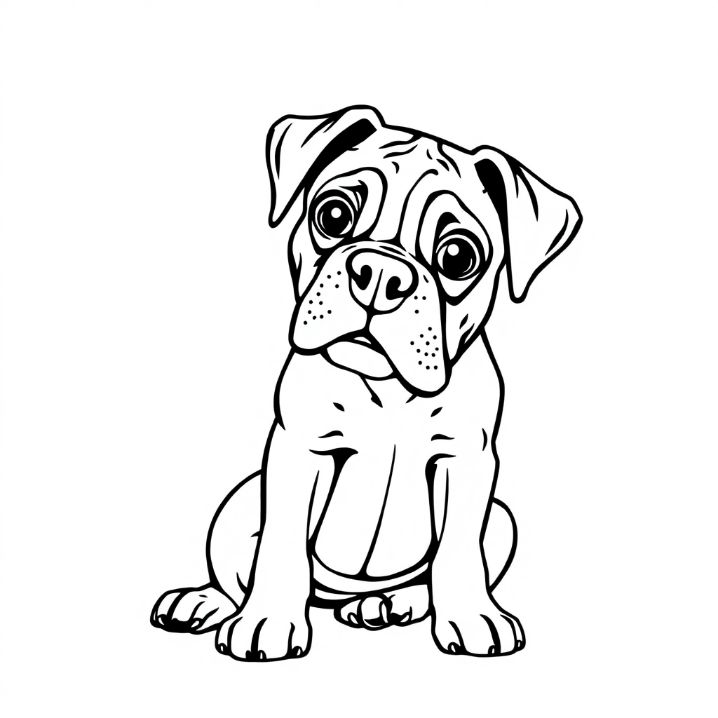 Boxer dog — sitting portrait, looking at viewer, friendly expression coloring page Manga style free printable