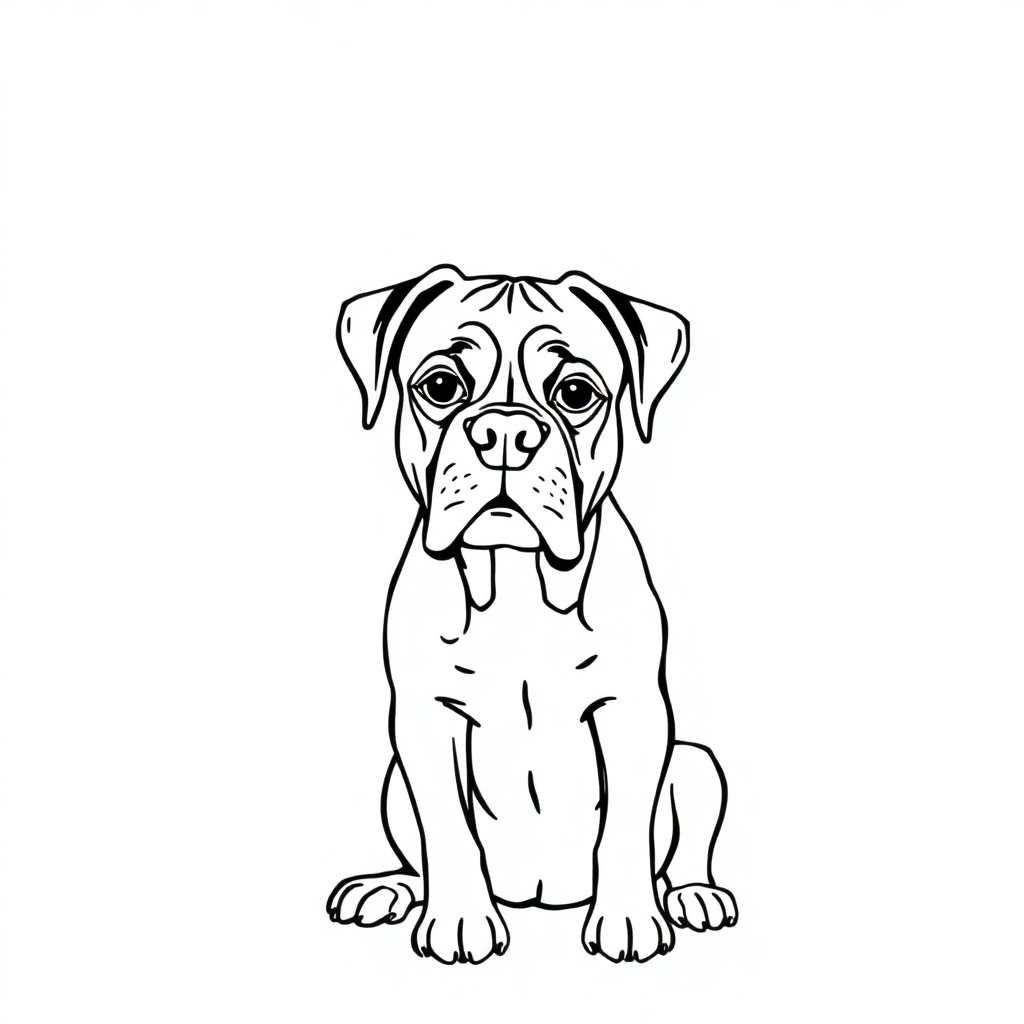 Boxer dog — sitting portrait, looking at viewer, friendly expression coloring page Minimal style free printable