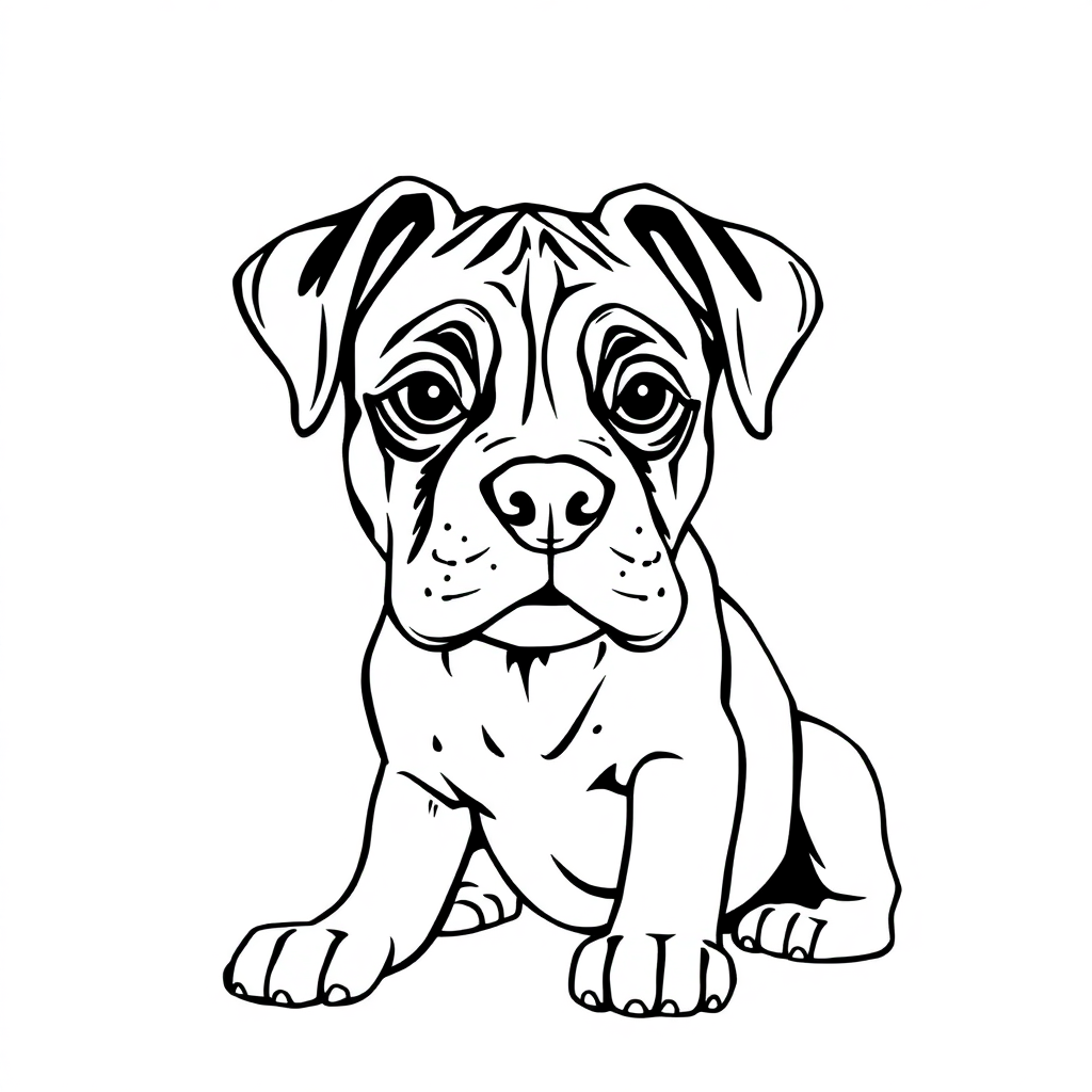 Boxer dog — sitting portrait, looking at viewer, friendly expression coloring page Rockwell style free printable