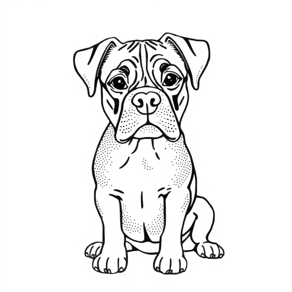 Boxer dog — sitting portrait, looking at viewer, friendly expression coloring page Stipple style free printable