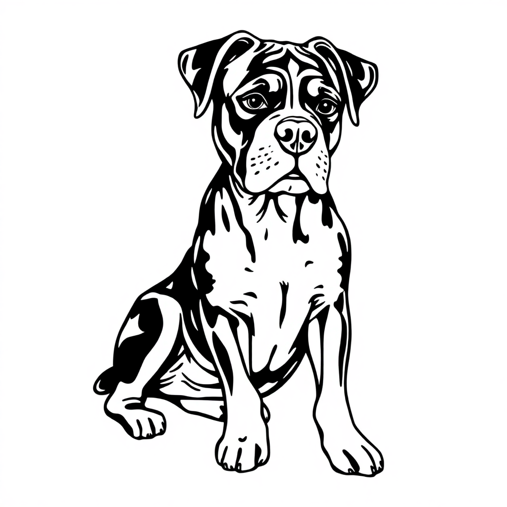 Boxer dog — sitting portrait, looking at viewer, friendly expression coloring page Woodcut style free printable