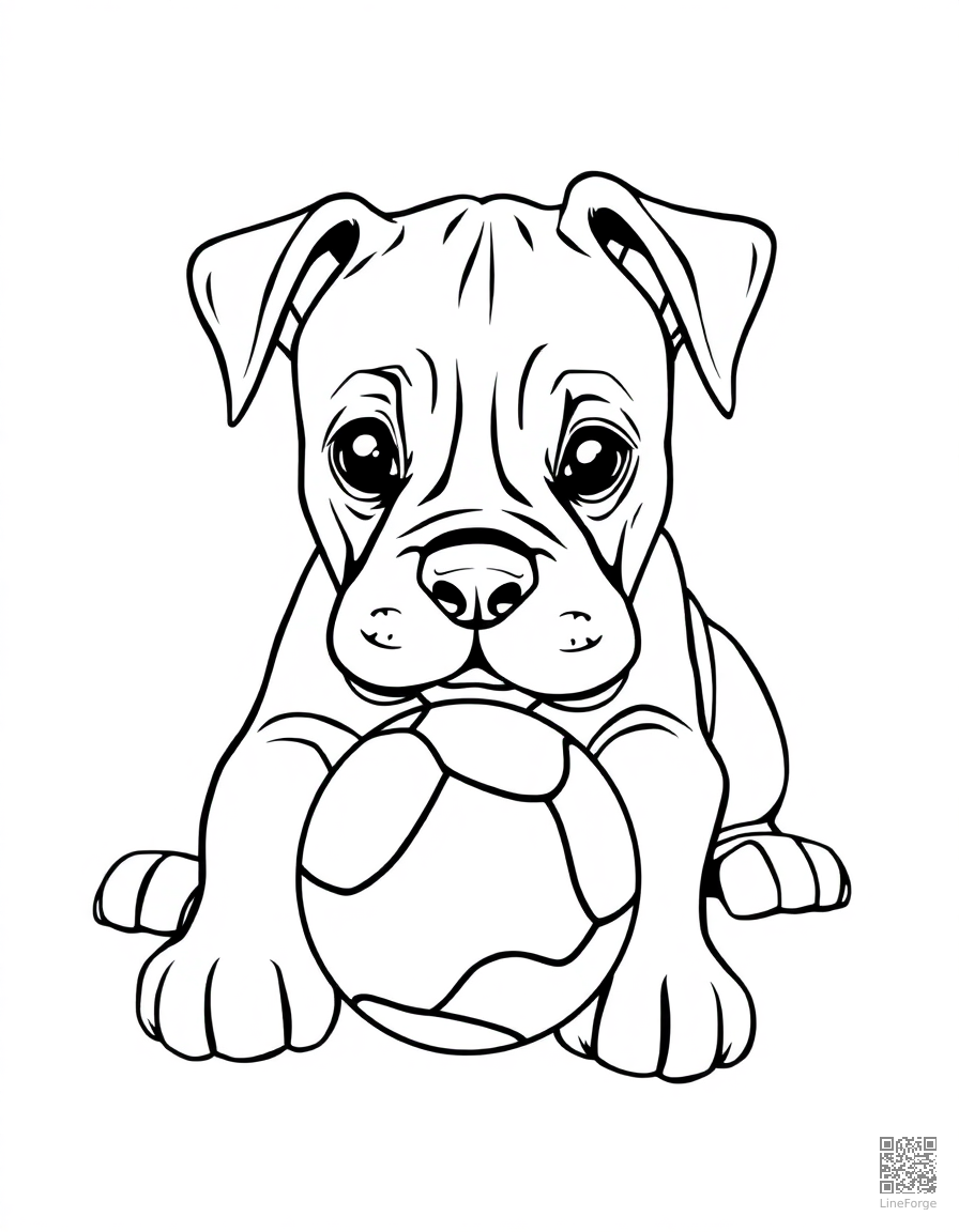 Free boxer puppy playing with a ball coloring page in contour style — printable line art