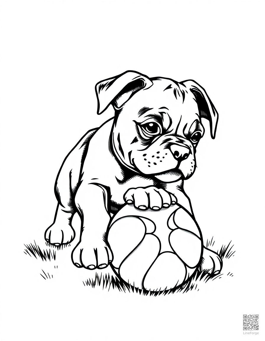 boxer puppy playing with a ball coloring page Crosshatch style - free printable