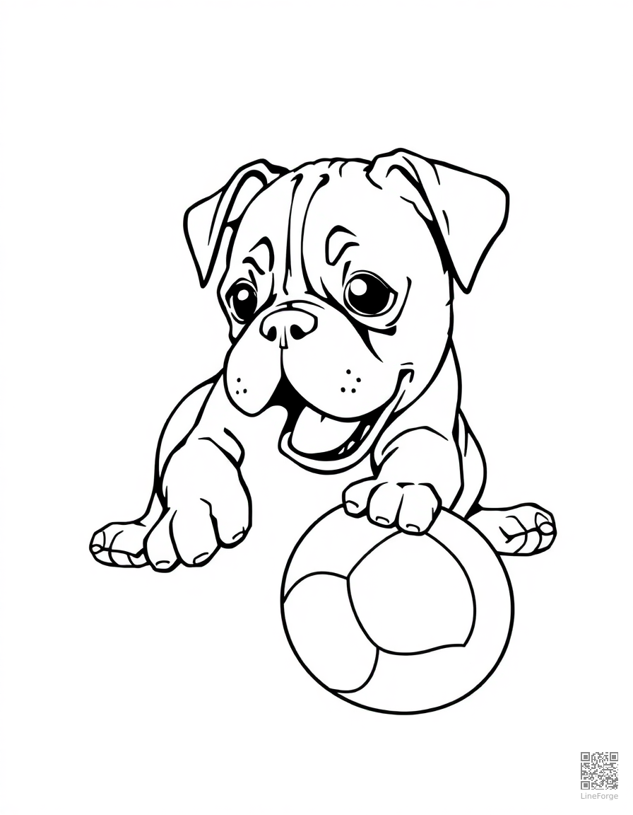 Free boxer puppy playing with a ball coloring page in manga style — printable line art