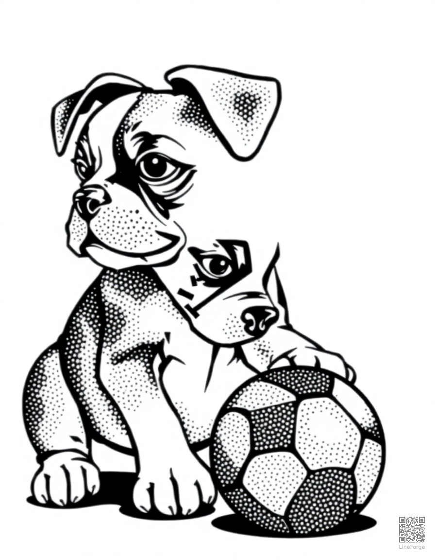 Free boxer puppy playing with a ball coloring page in stipple style — printable line art