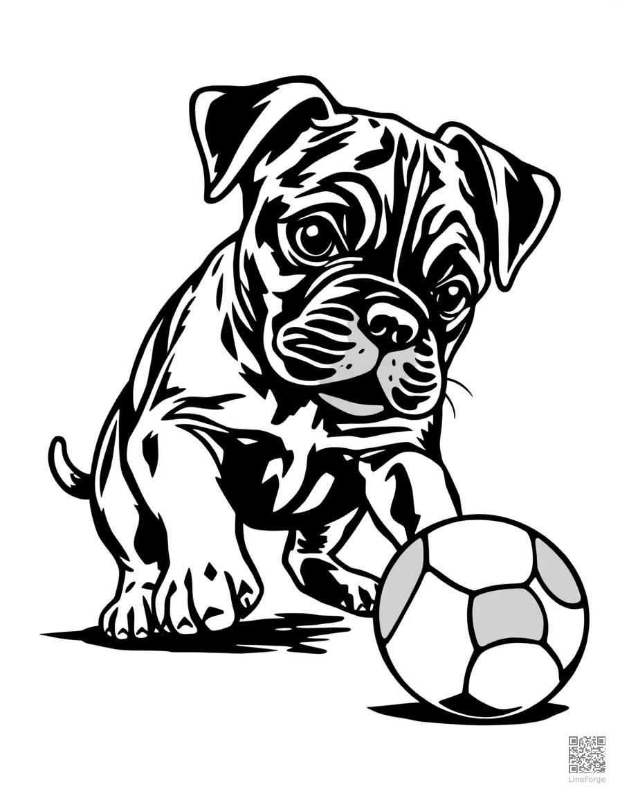 boxer puppy playing with a ball coloring page Woodcut style - free printable