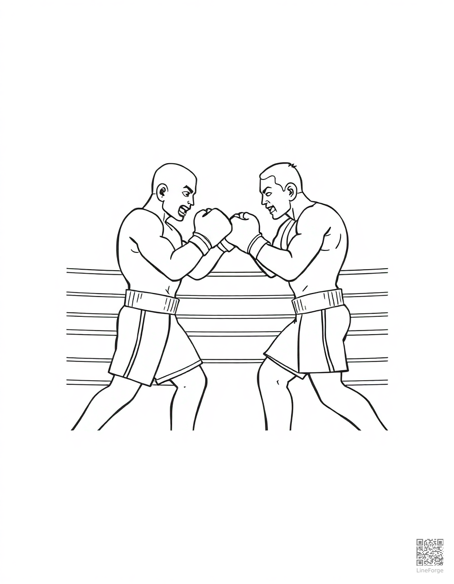 Free boxing match in a ring coloring page in contour style — printable line art