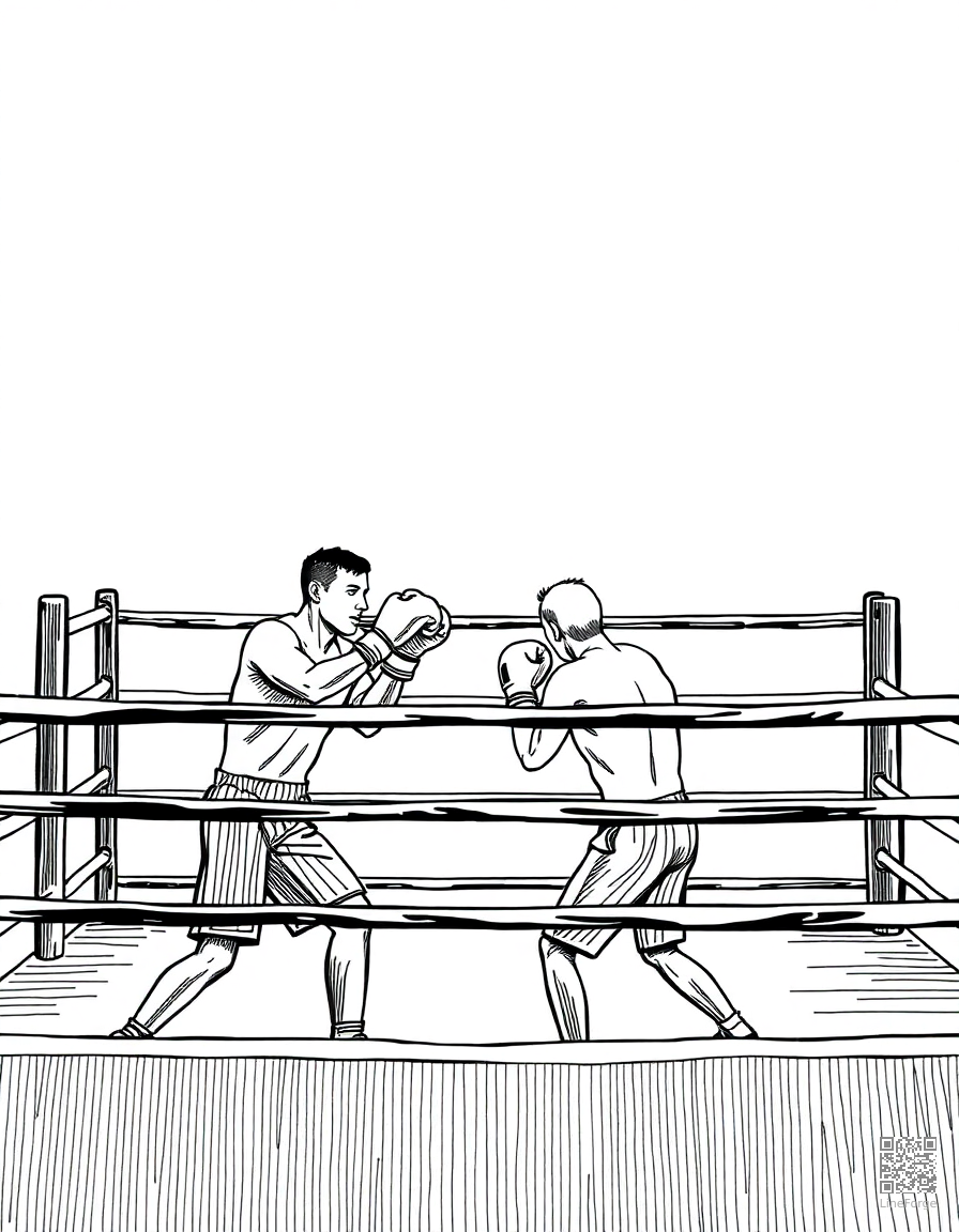 boxing match in a ring coloring page Crosshatch style free printable
