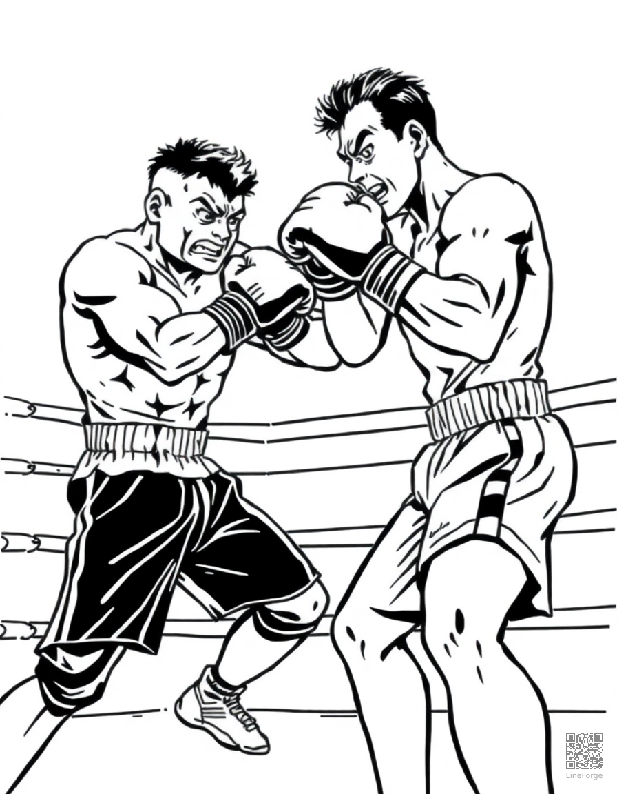 Free boxing match in a ring coloring page in manga style — printable line art