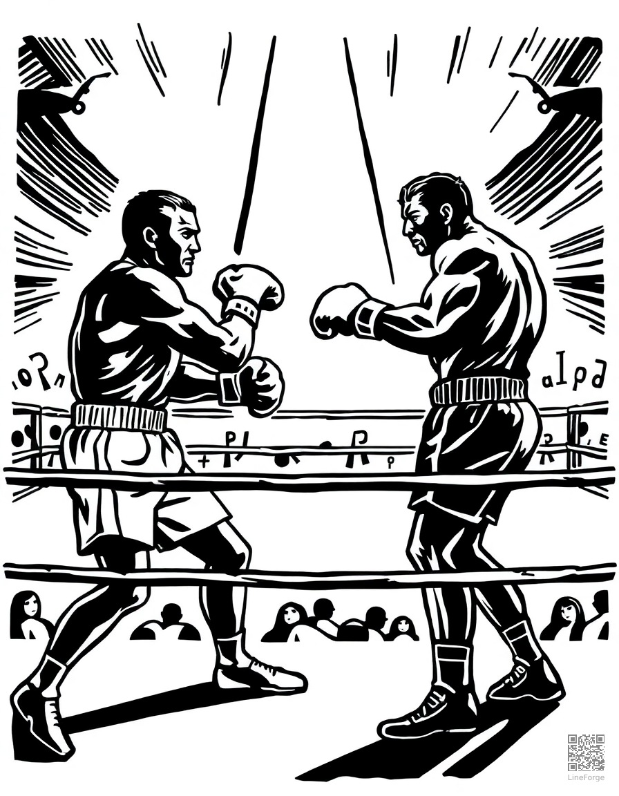 Free boxing match in a ring coloring page in woodcut style — printable line art