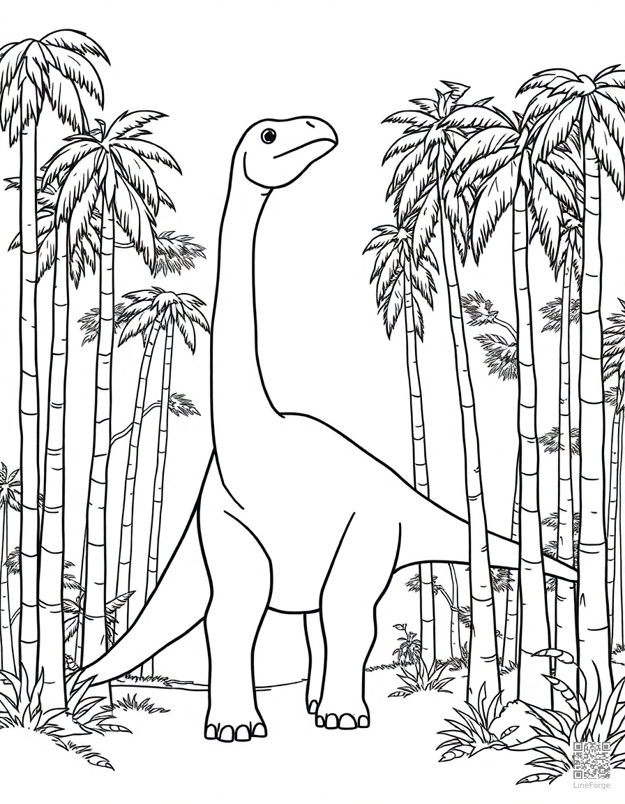 Brachiosaurus eating from tall trees coloring page Contour style - free printable