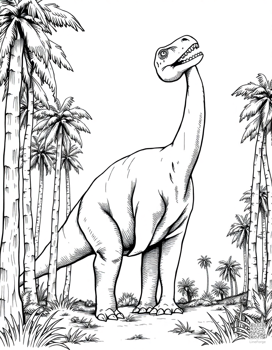 Brachiosaurus eating from tall trees coloring page Crosshatch style - free printable