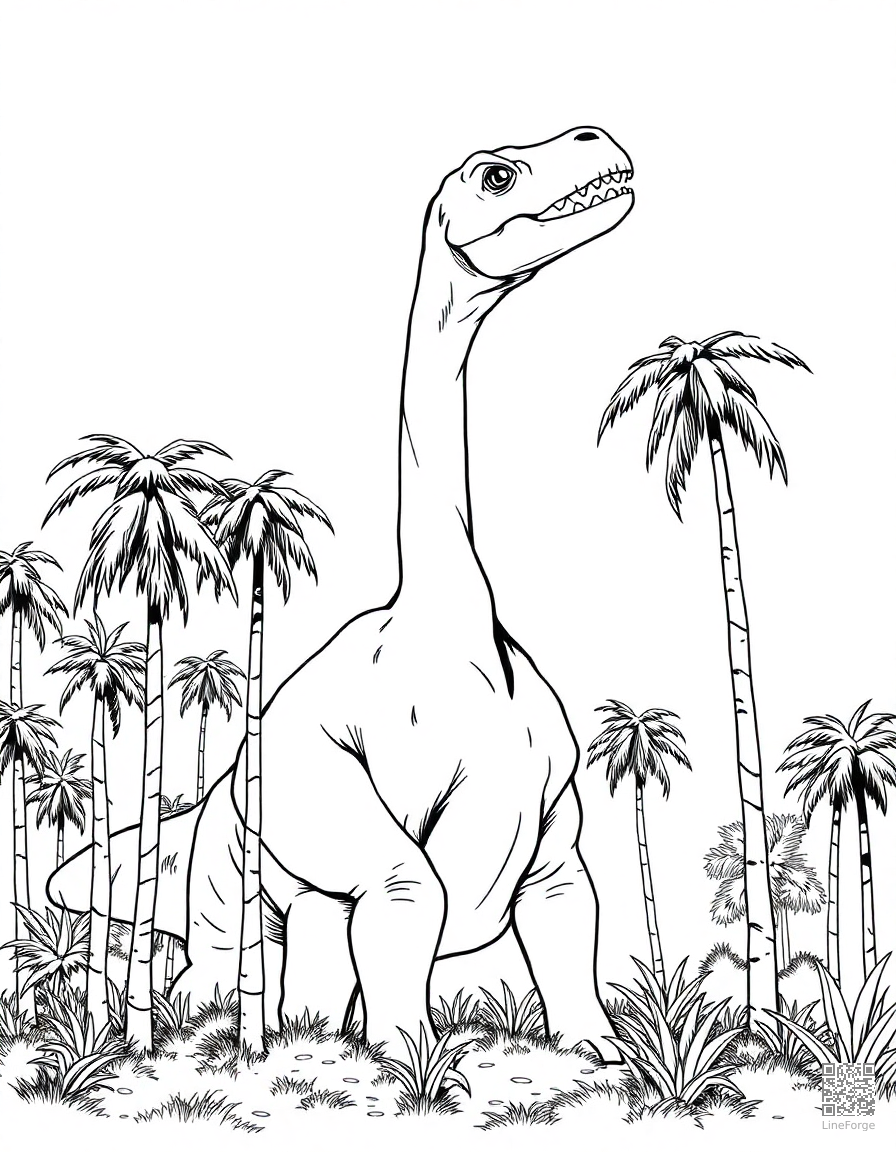 Brachiosaurus eating from tall trees coloring page Manga style - free printable