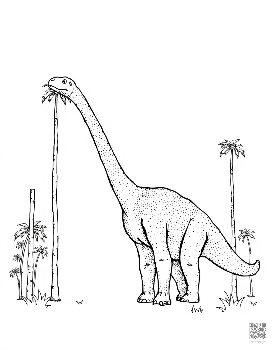 Brachiosaurus eating from tall trees coloring page Stipple style - free printable
