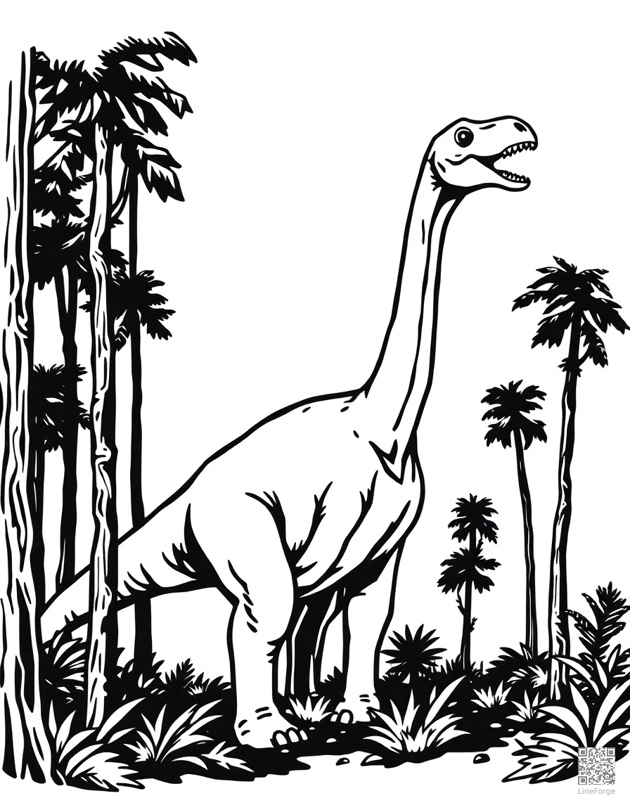 Brachiosaurus eating from tall trees coloring page Woodcut style - free printable