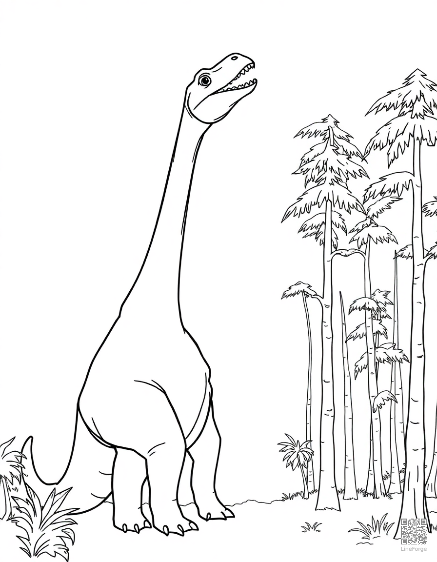 brachiosaurus reaching up to eat from tall trees coloring page Contour style - free printable