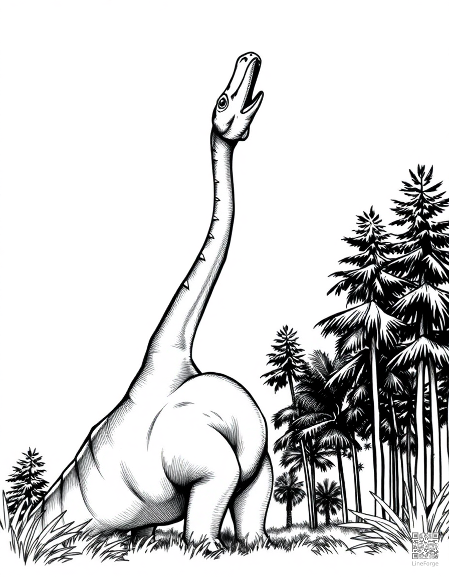 brachiosaurus reaching up to eat from tall trees coloring page Crosshatch style - free printable
