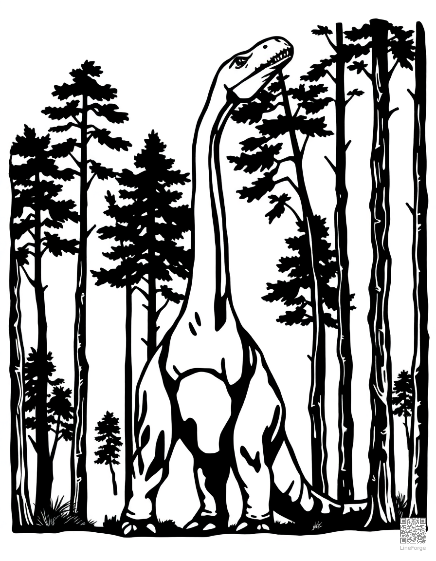 brachiosaurus reaching up to eat from tall trees coloring page Woodcut style - free printable
