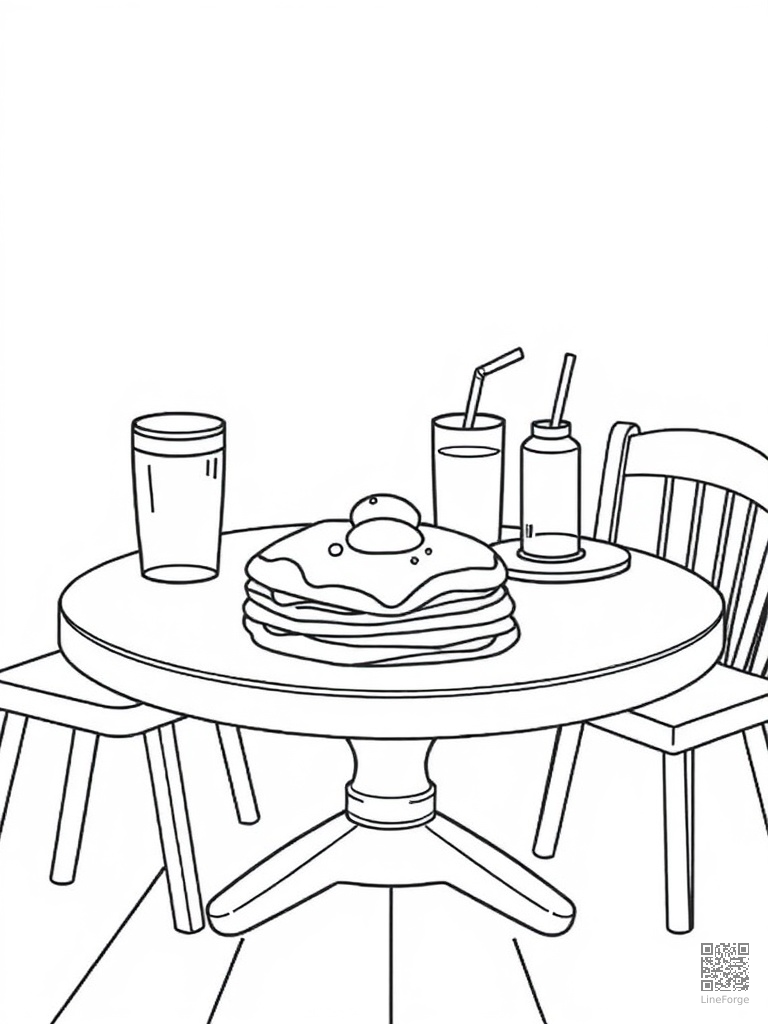 Breakfast table with pancakes eggs and juice coloring page Contour style - free printable