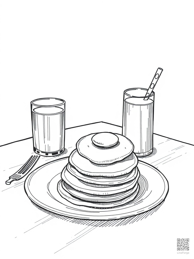 Breakfast table with pancakes eggs and juice coloring page Crosshatch style - free printable