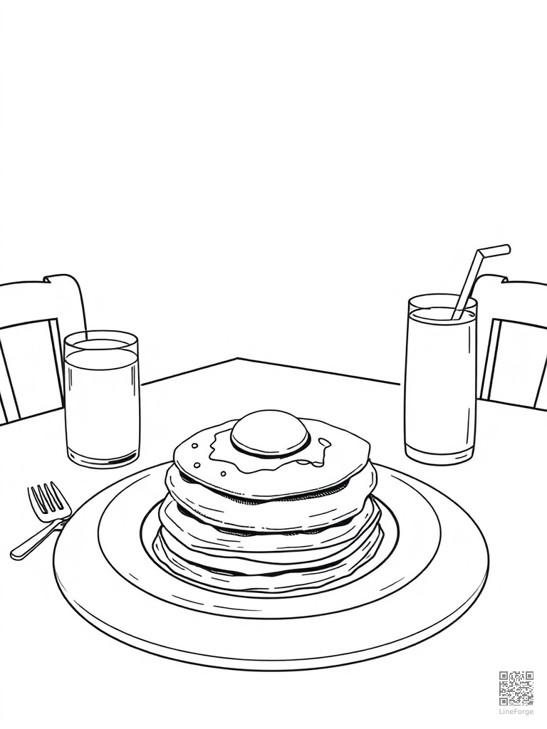 Breakfast table with pancakes eggs and juice coloring page Manga style - free printable