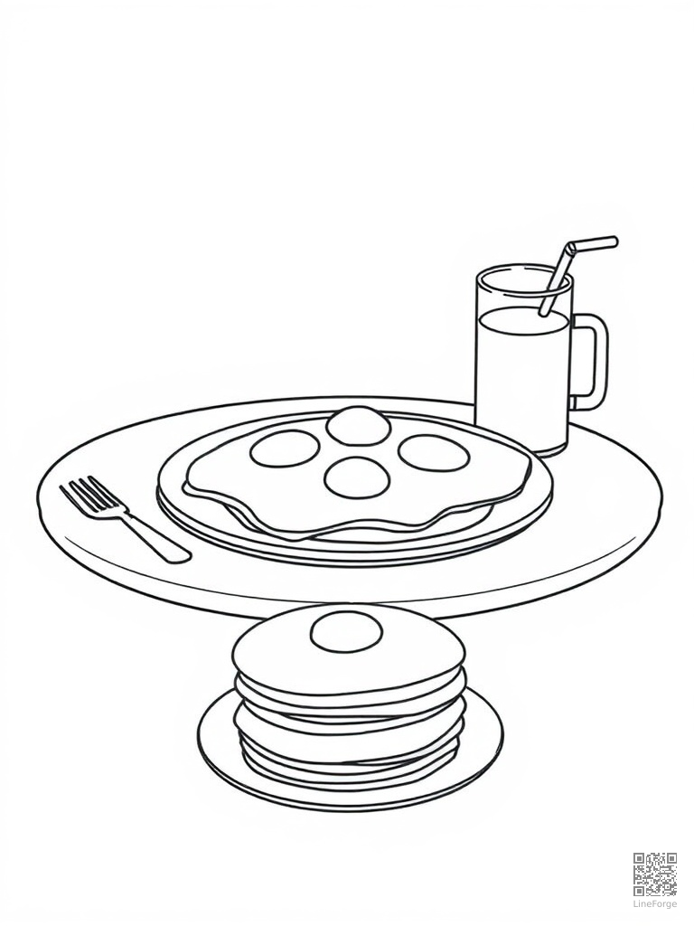 Breakfast table with pancakes eggs and juice coloring page Minimal style - free printable