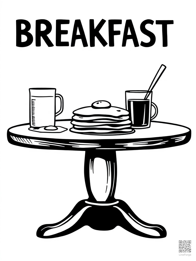 Breakfast table with pancakes eggs and juice coloring page Woodcut style - free printable