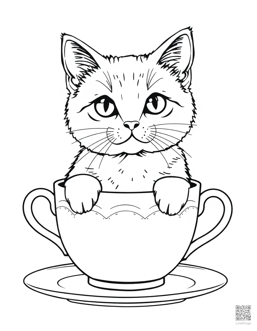 british shorthair cat sitting in a tea cup coloring page Contour style - free printable
