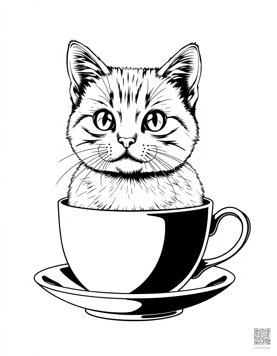 british shorthair cat sitting in a tea cup coloring page Crosshatch style - free printable