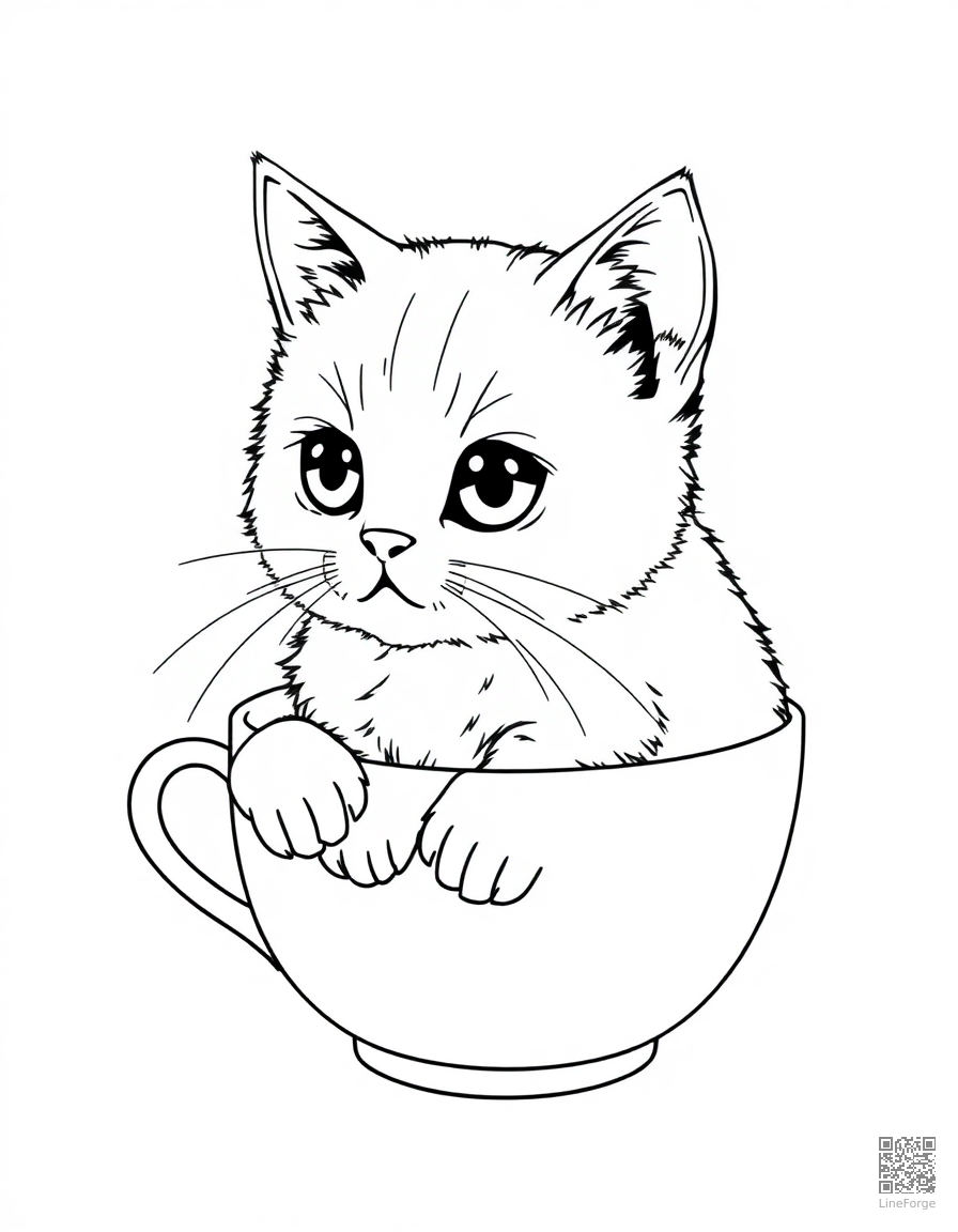 british shorthair cat sitting in a tea cup coloring page Manga style - free printable