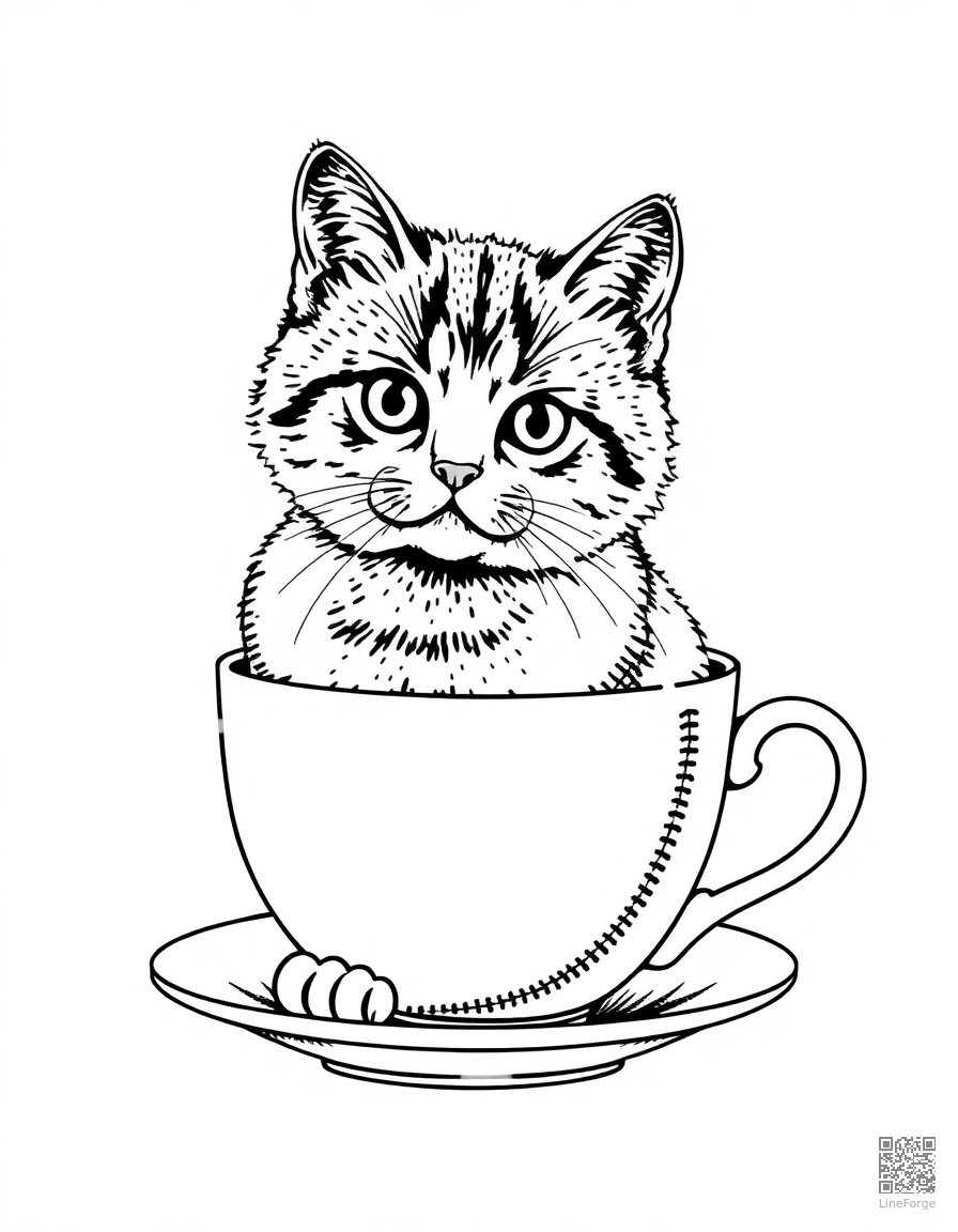 british shorthair cat sitting in a tea cup coloring page Stipple style - free printable