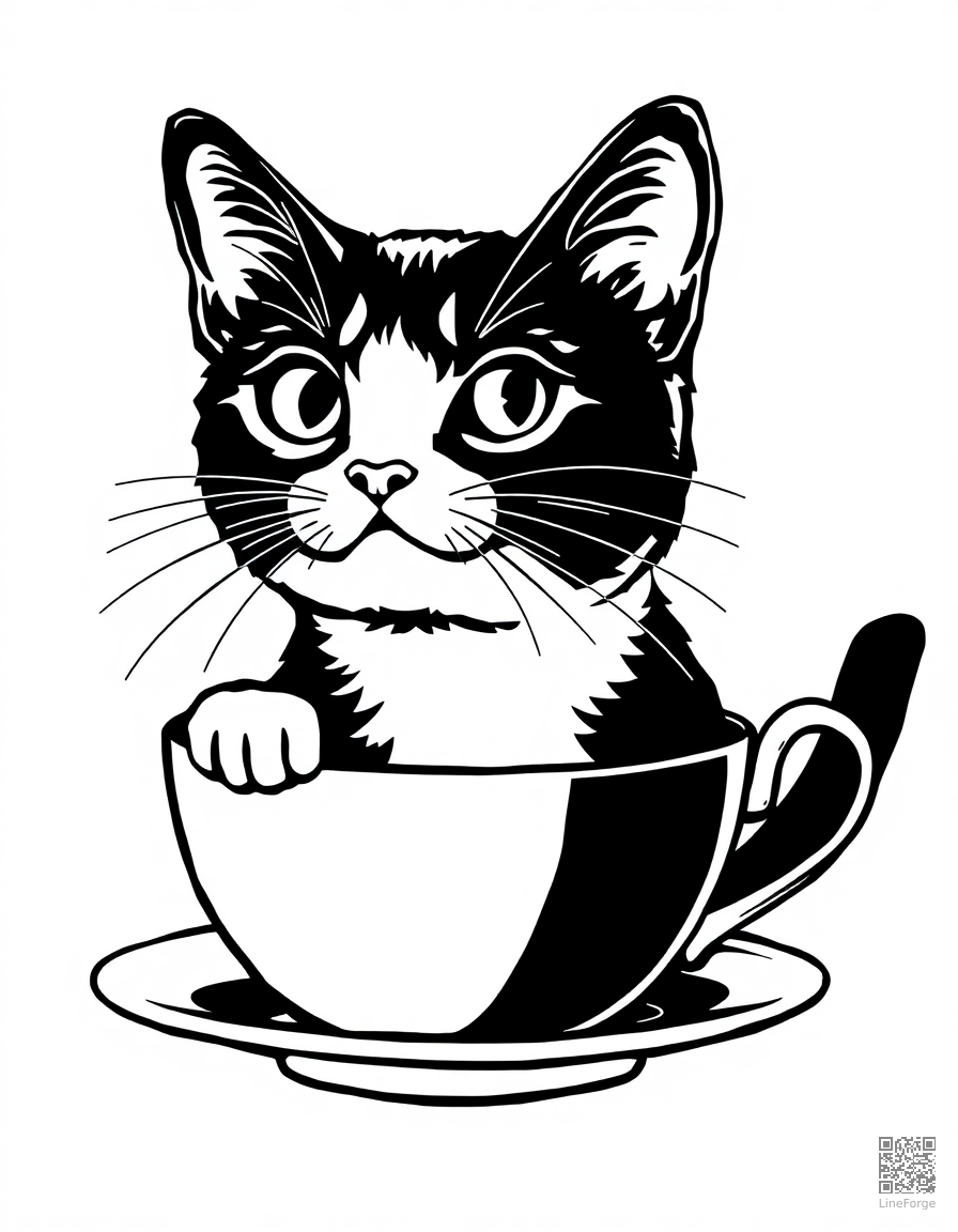 british shorthair cat sitting in a tea cup coloring page Woodcut style - free printable