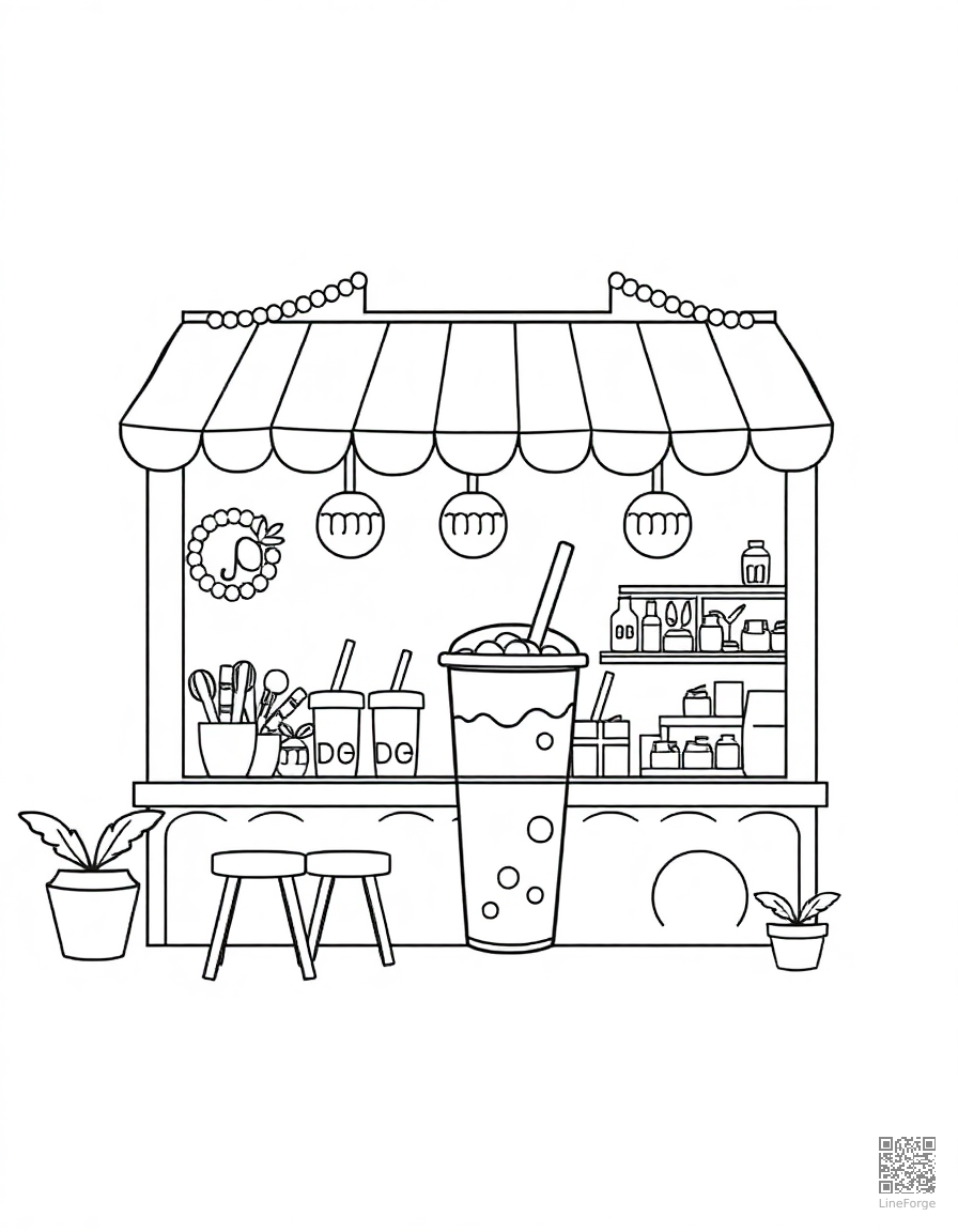 bubble tea shop with kawaii decorations coloring page Contour style - free printable