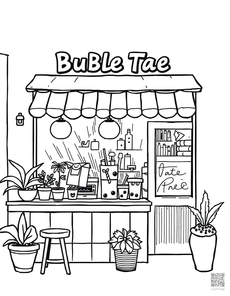 bubble tea shop with kawaii decorations coloring page Crosshatch style - free printable