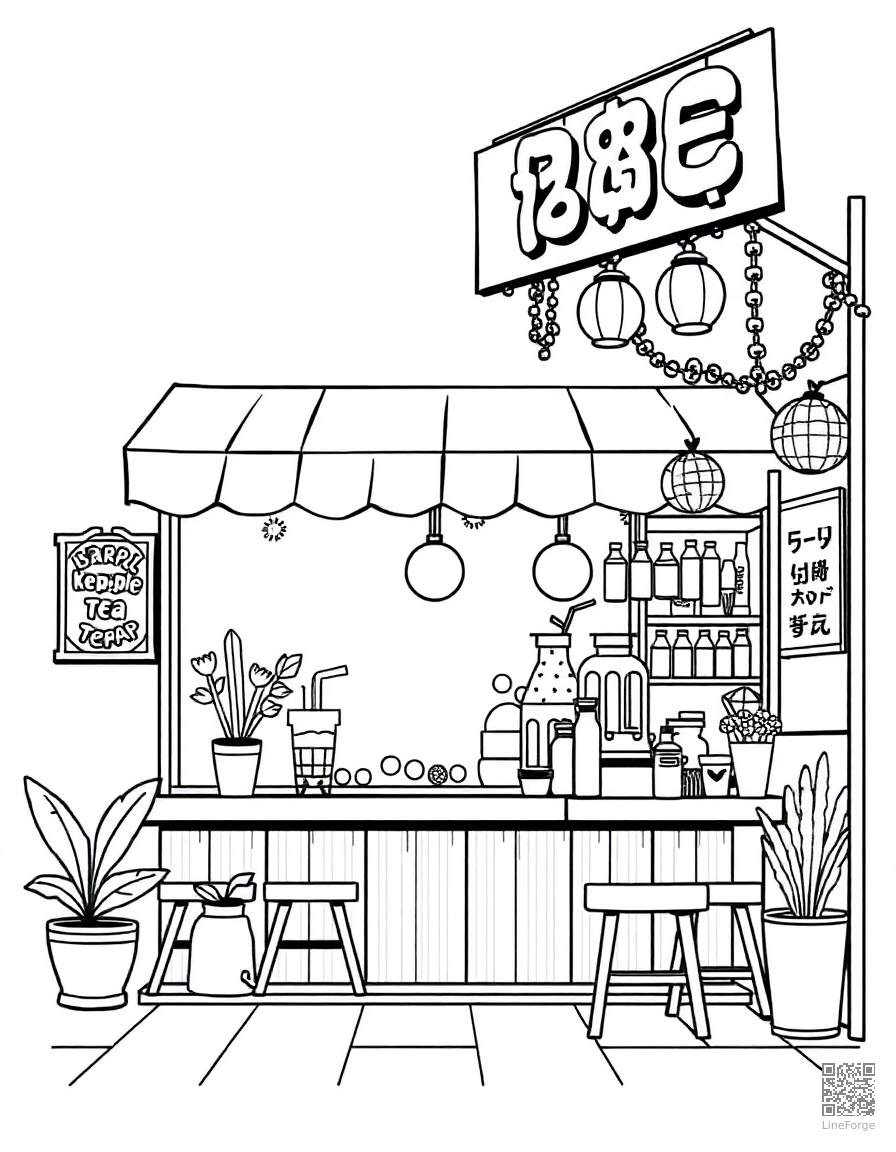 bubble tea shop with kawaii decorations coloring page Manga style - free printable