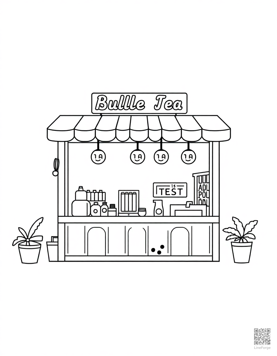 bubble tea shop with kawaii decorations coloring page Minimal style - free printable
