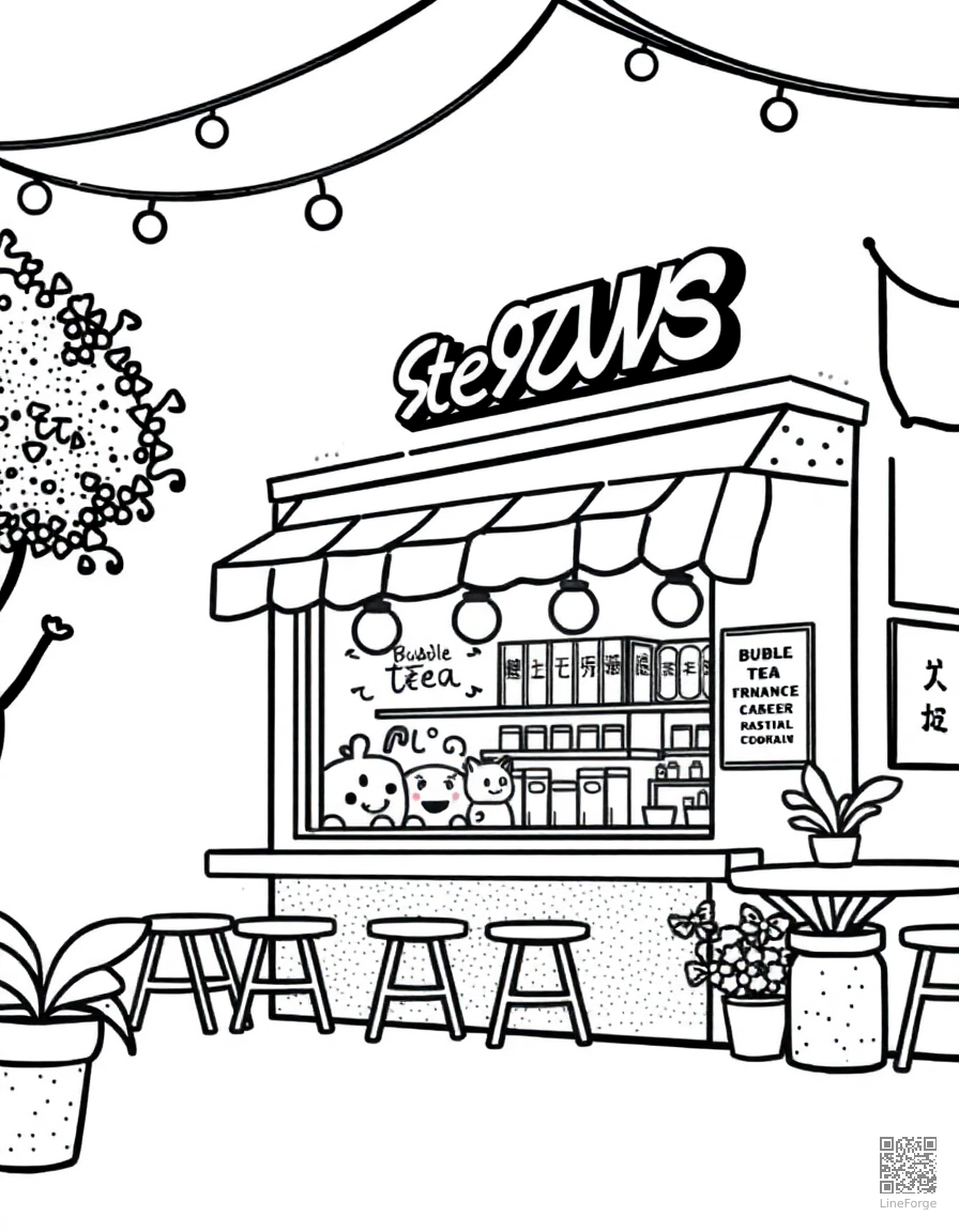 bubble tea shop with kawaii decorations coloring page Stipple style - free printable