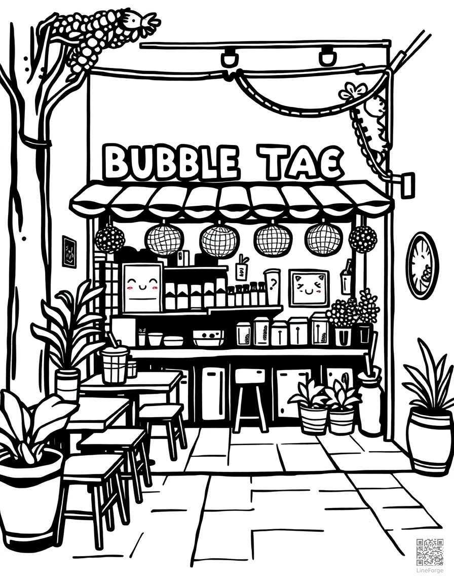 bubble tea shop with kawaii decorations coloring page Woodcut style - free printable