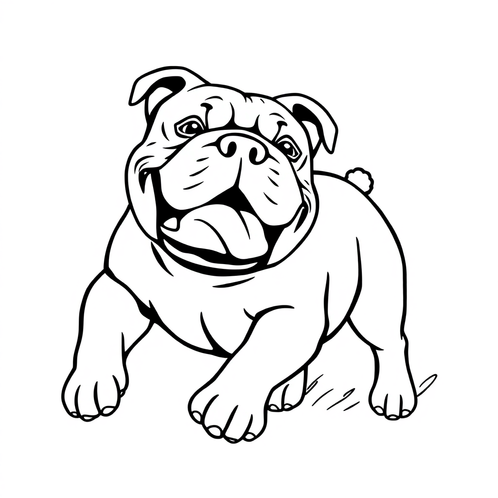 Bulldog dog — playing and running, energetic and joyful coloring page Contour style - free printable