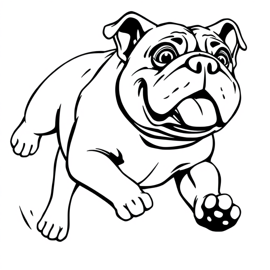 Bulldog dog — playing and running, energetic and joyful coloring page Manga style - free printable