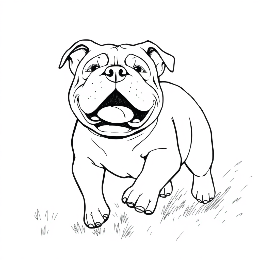Bulldog dog — playing and running, energetic and joyful coloring page Rockwell style free printable
