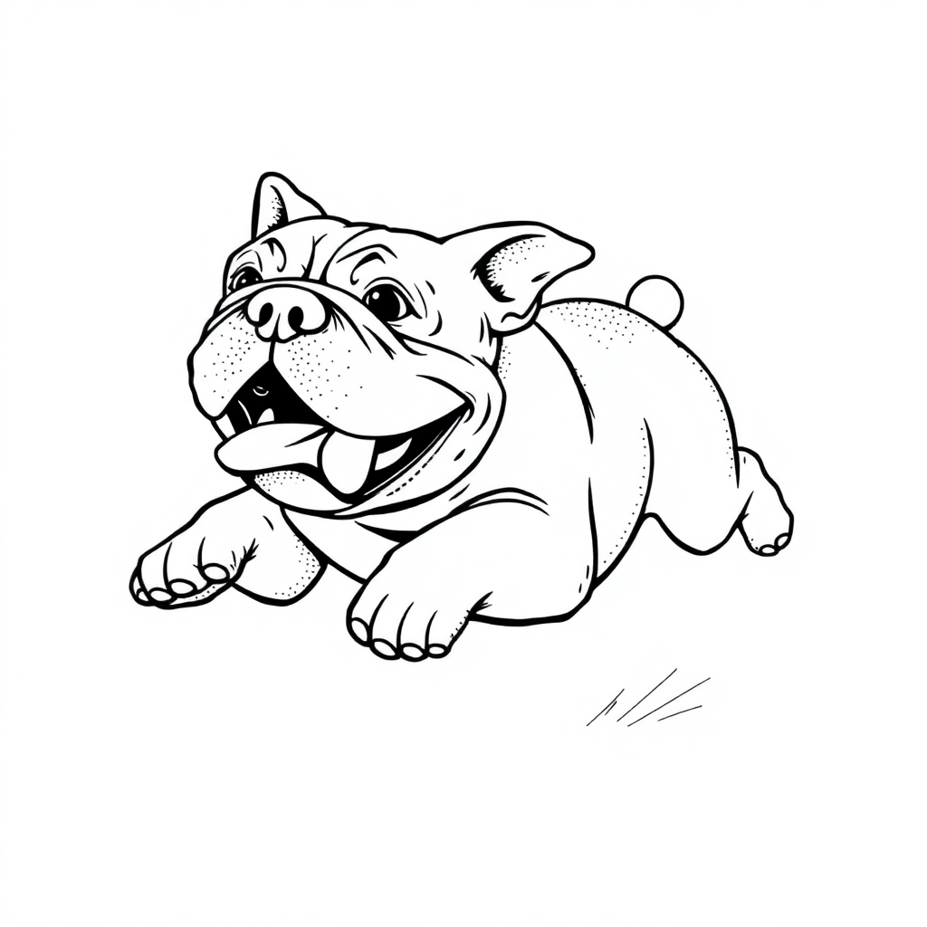 Bulldog dog — playing and running, energetic and joyful coloring page Stipple style - free printable
